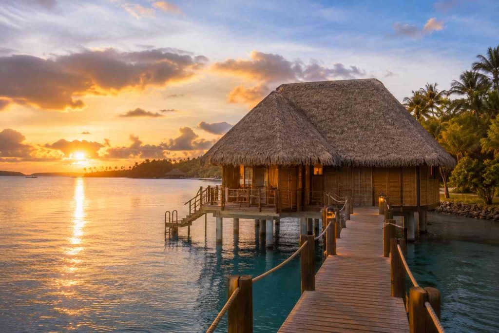Traditional overwater bure at Likuliku Lagoon Resort Fiji at sunset