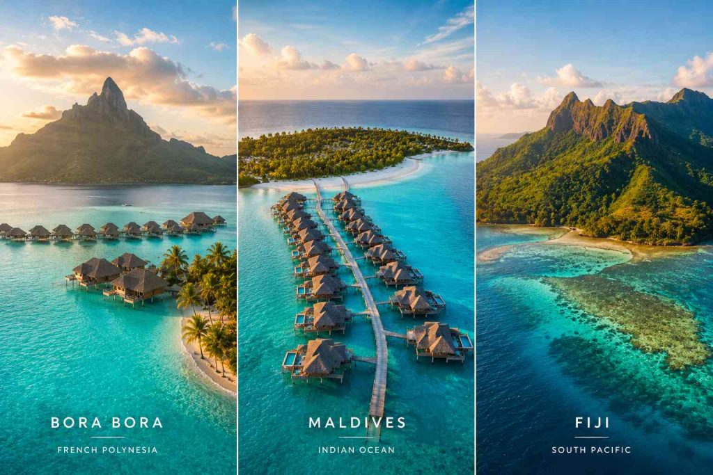 Side by side comparison of Bora Bora, Maldives, and Fiji tropical destinations