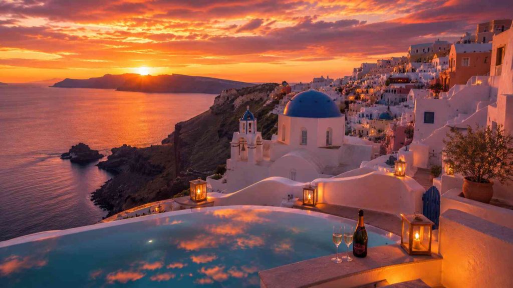 Whitewashed village of Oia Santorini Greece with blue dome church and caldera sunset view