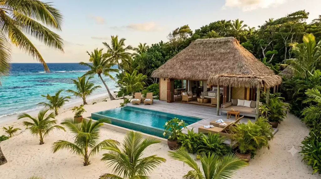Luxury beach pool villa at Kokomo Private Island Fiji with private plunge pool on white sand beach