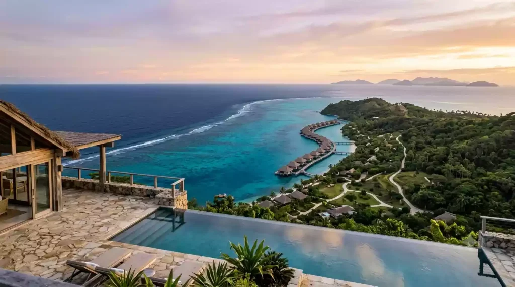 Hilltop Villa panoramic view at Kokomo Private Island with 360 degree views over Great Astrolabe Reef and Pacific Ocean at dawn