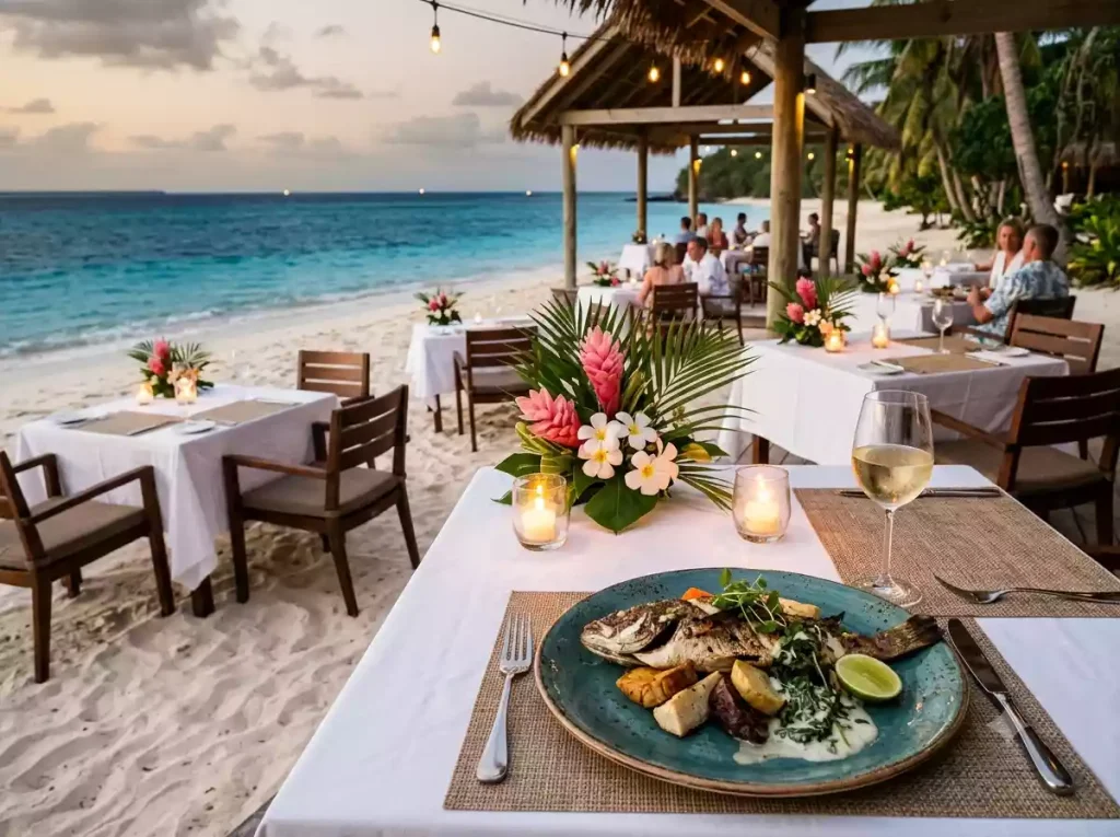 Open air beachfront restaurant dinner at Kokomo Private Island Fiji with fresh reef fish and turquoise lagoon view