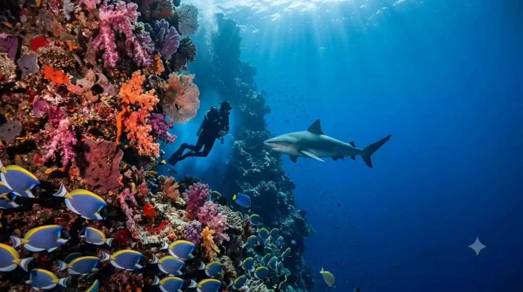 Scuba diver exploring Great Astrolabe Reef wall with soft corals and bull shark in clear Fijian waters