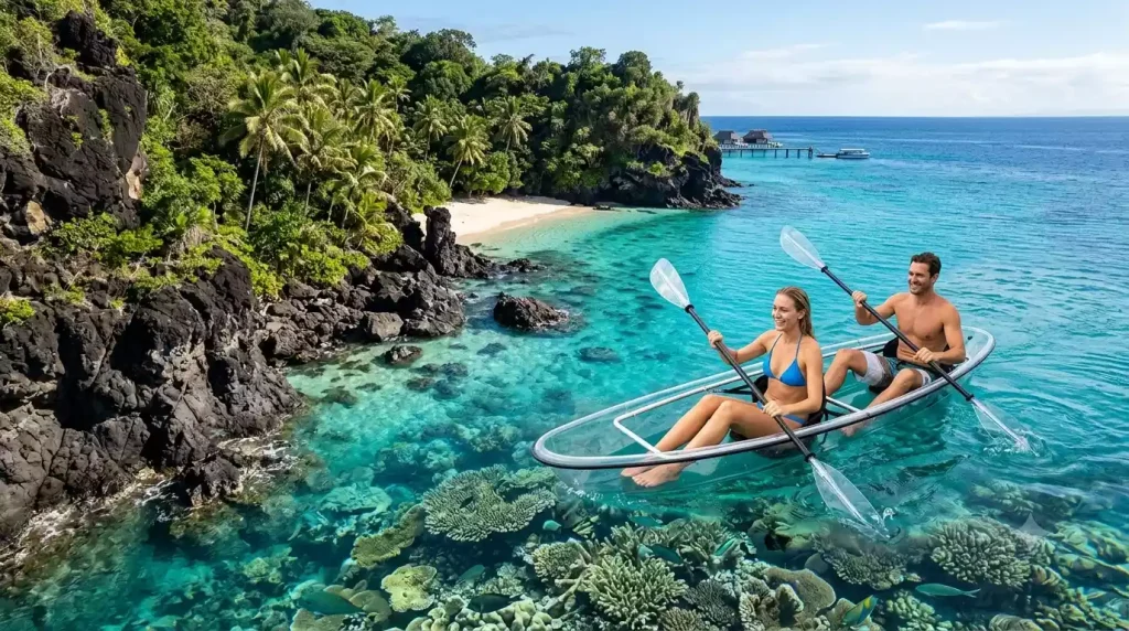 Couple in transparent kayak exploring Kokomo Private Island coastline with coral reef visible below in turquoise Fiji water