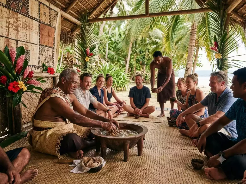 Traditional iTaukei Fijian kava ceremony with village elder at Kokomo Private Island cultural experience