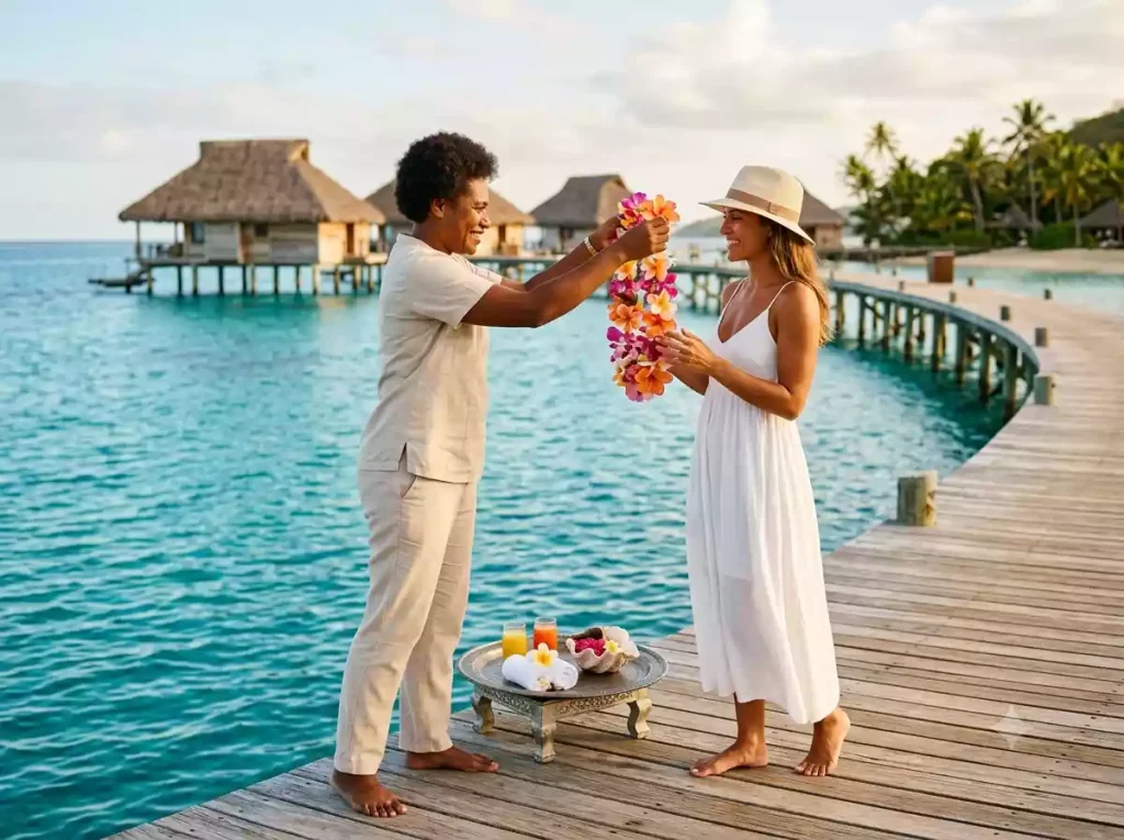 Fijian villa attendant presenting welcome lei on overwater bure jetty at Kokomo Private Island with turquoise lagoon