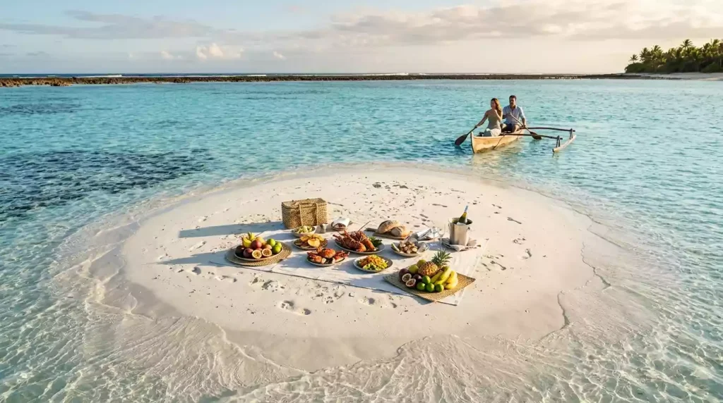 Private sandbar picnic with Fijian seafood and wine in turquoise lagoon at Kokomo Private Island