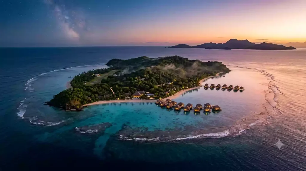 Kokomo Private Island Fiji aerial view at sunrise with overwater bures glowing and Great Astrolabe Reef at dawn