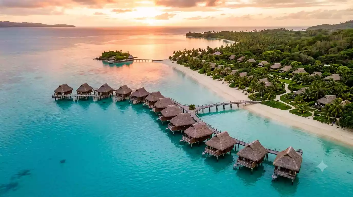 Aerial view of Likuliku Lagoon Resort overwater bures above turquoise marine sanctuary lagoon on Malolo Island Fiji at golden hour