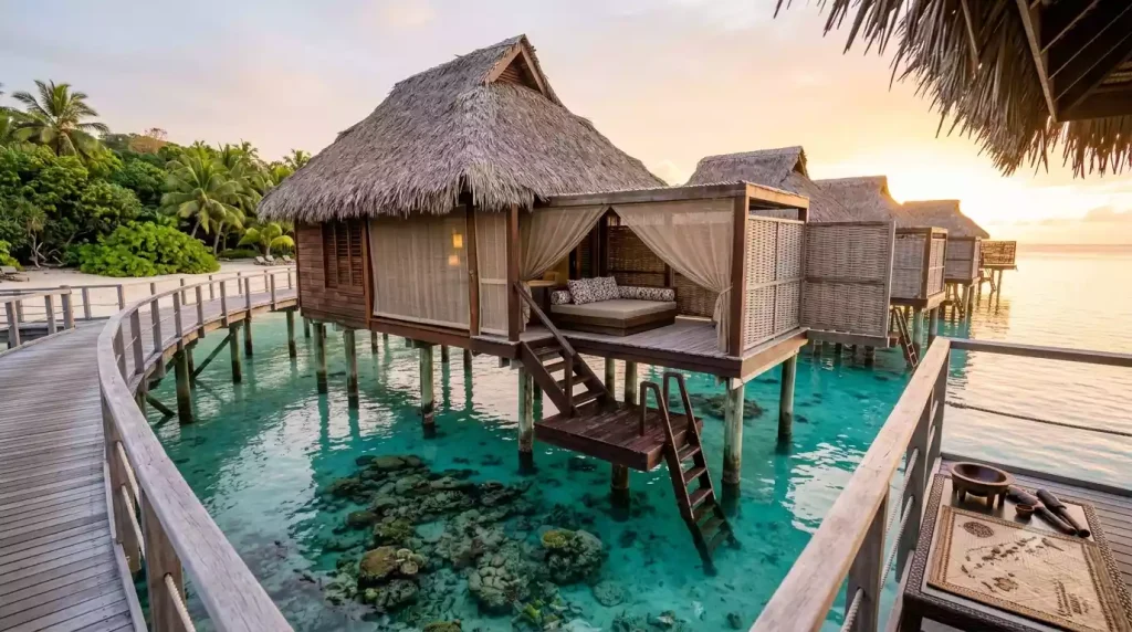 Authentic Fijian overwater bure at sunrise at Likuliku Lagoon Resort with thatched roof and ladder into turquoise lagoon