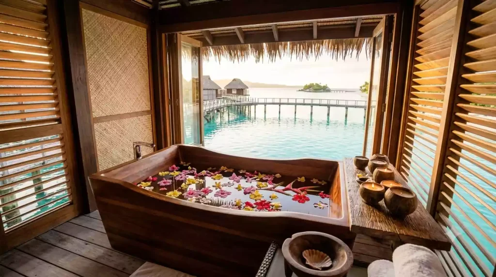 Luxury bathtub in Likuliku overwater bure bathing pavilion with panoramic turquoise lagoon view through open louvres