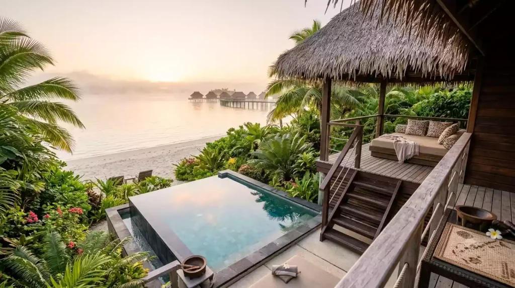 Deluxe beachfront bure with private plunge pool at Likuliku Lagoon Resort between villa and white sand Fiji beach at dawn