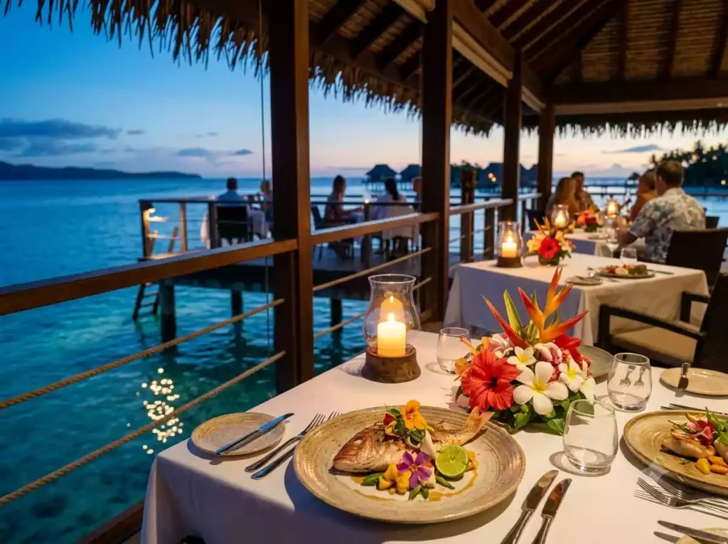 Elegant dinner at Fijiana Restaurant at Likuliku Lagoon Resort with fresh reef fish and turquoise lagoon view at dusk
