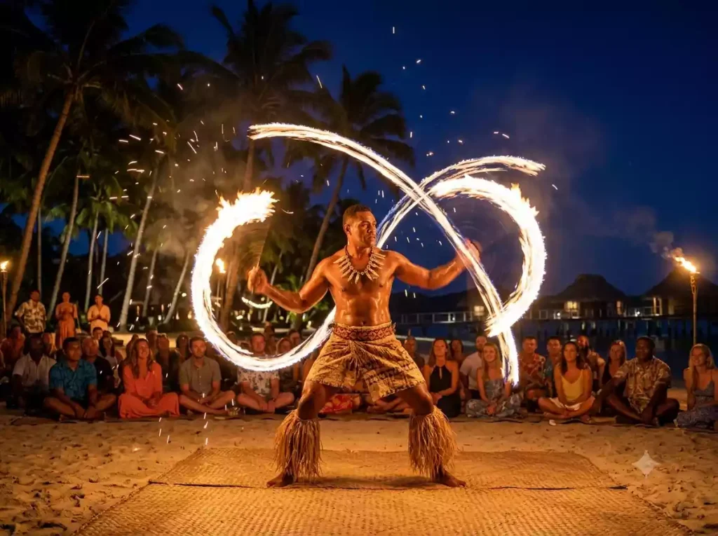 Traditional Fijian fire dancer spinning blazing torches at night performance at Likuliku Lagoon Resort