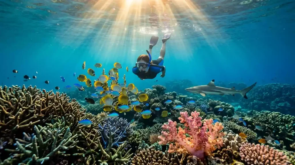Snorkeler above pristine coral garden with blacktip reef shark in Likuliku Lagoon Resort marine sanctuary Fiji
