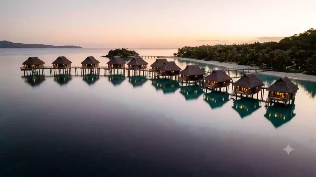 All ten Likuliku Lagoon Resort overwater bures reflected in mirror calm marine sanctuary lagoon at dawn Malolo Island Fiji