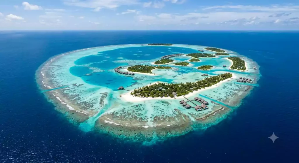 Aerial view of Maldives coral atoll formation with turquoise lagoon surrounded by deep blue Indian Ocean