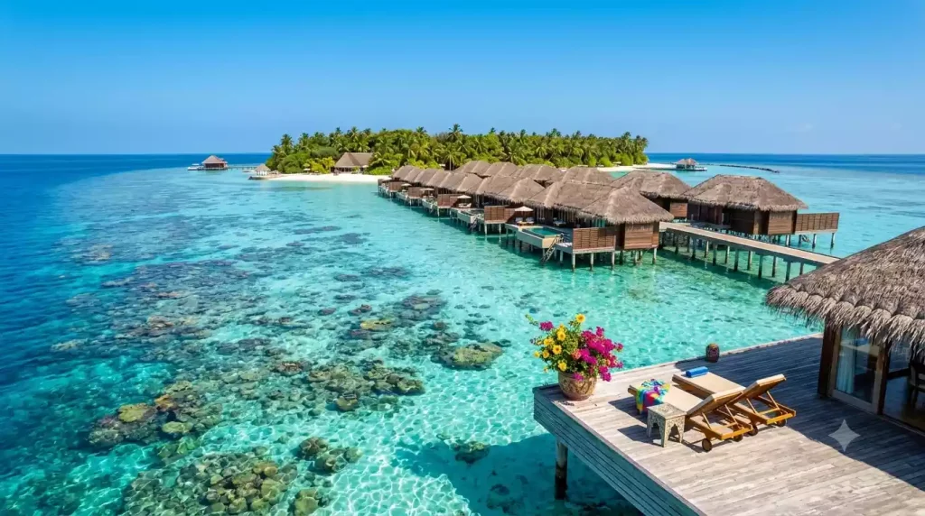 Perfect dry season morning at Maldives overwater resort with crystal clear calm turquoise lagoon and cloudless sky