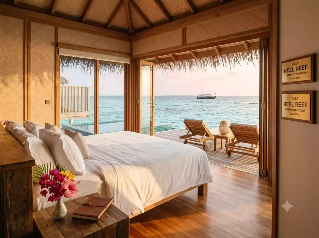 Luxury Maldives overwater villa interior at dawn with king bed facing open doors to turquoise lagoon