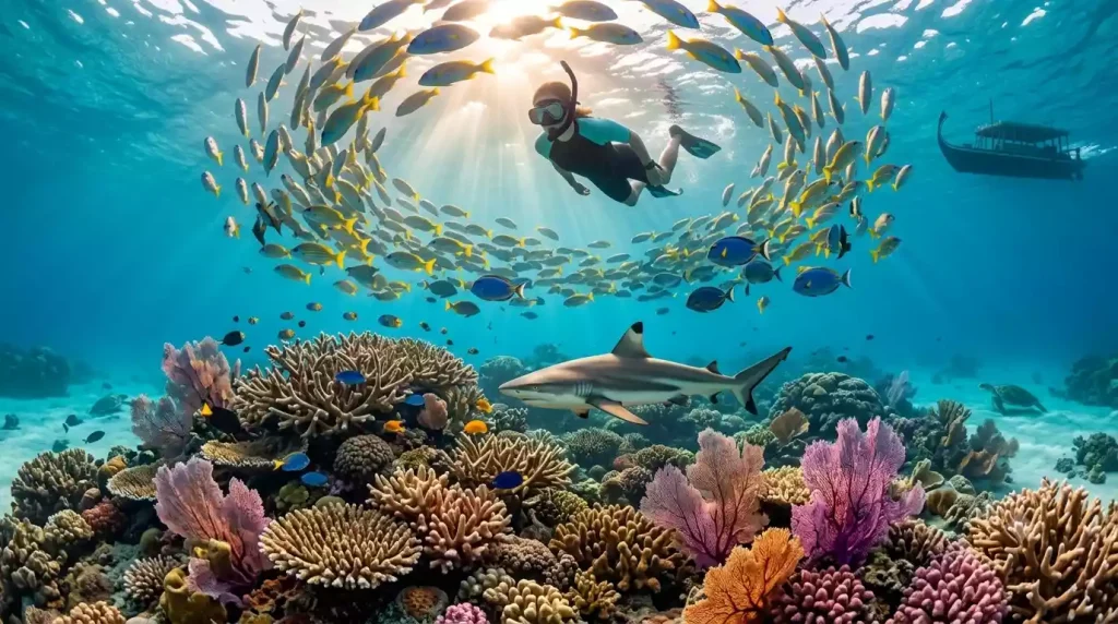 Snorkeler above Maldives house reef with blacktip reef shark and tropical fish in crystal clear Indian Ocean