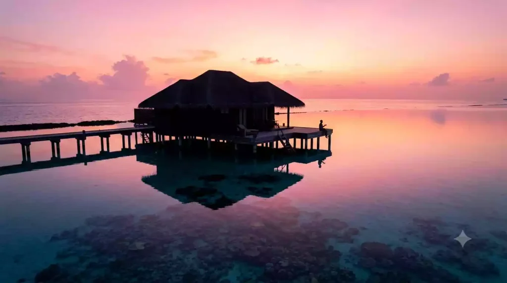 Solo traveler watching sunrise from luxury Maldives overwater villa deck above mirror calm pink lagoon at dawn