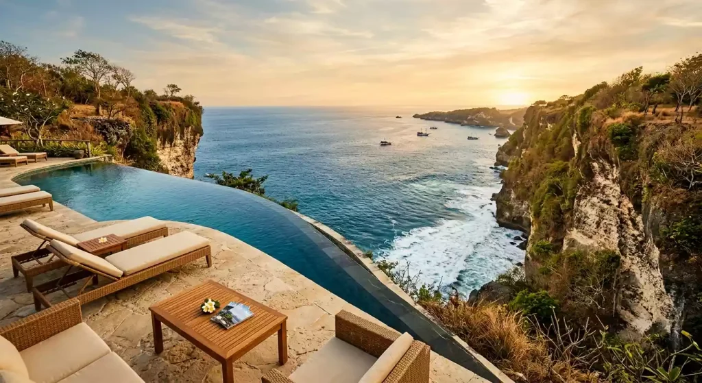 Aerial view of Bulgari Resort Bali clifftop resort above the Indian Ocean