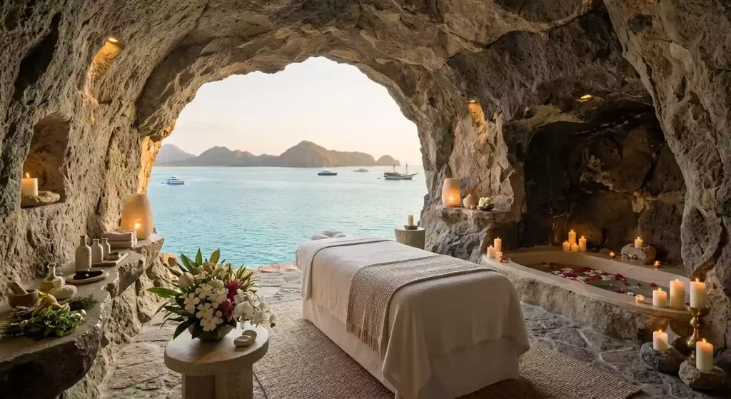 Bulgari Bali spa treatment room built into the cliff face
