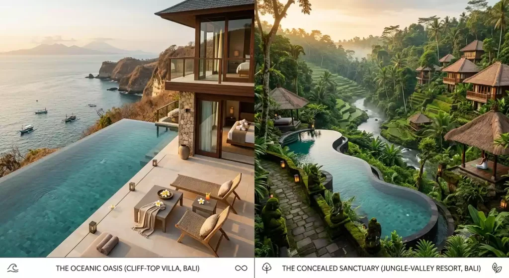 Comparing Bulgari Resort Bali's clifftop setting to Viceroy Bali's jungle valley