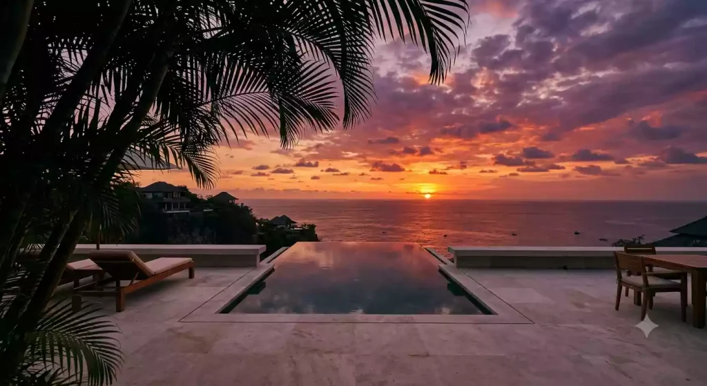 Empty villa terrace at Bulgari Resort Bali at sunset, Bukit Peninsula, Bali