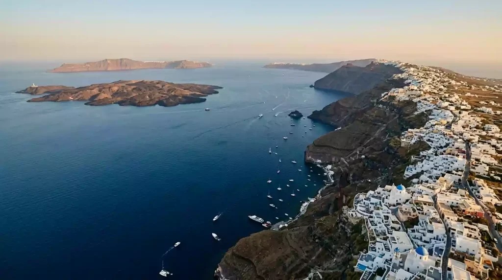 Aerial view of Santorini's volcanic caldera and cliffside villages