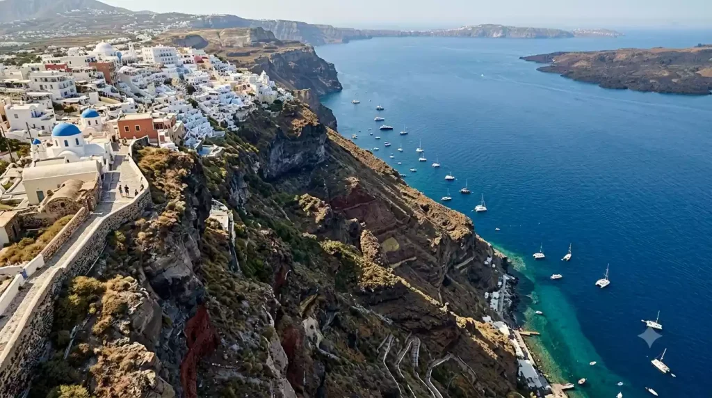 The 300-meter volcanic caldera cliff that defines Santorini's geography