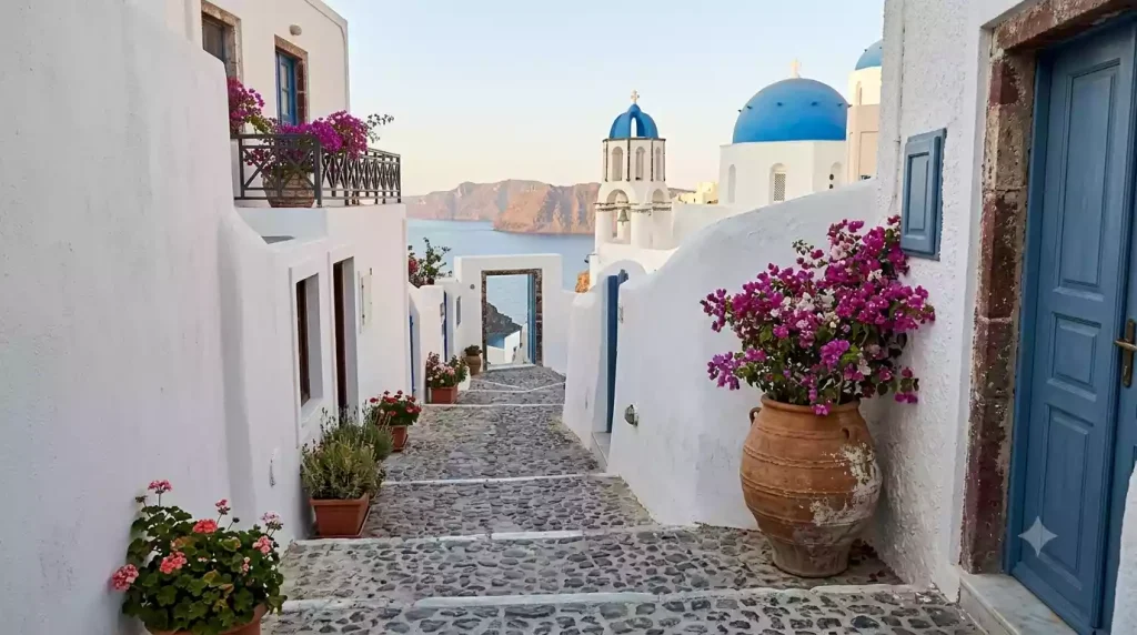 Quiet Santorini streets during shoulder season travel months