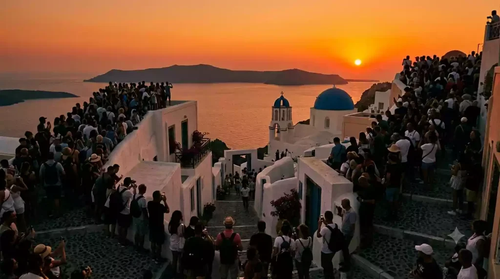 Crowds gathering for the Oia sunset during Santorini's peak season