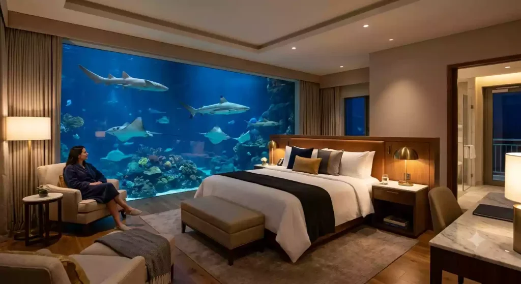 Underwater suite at Atlantis The Palm with view into the Ambassador Lagoon aquarium