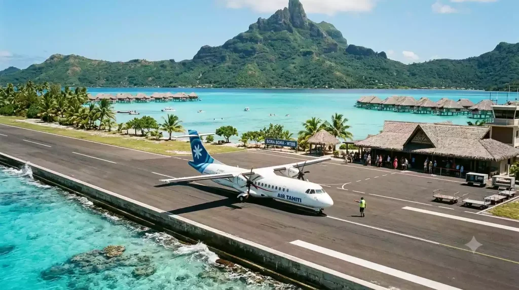 Air Tahiti plane at Bora Bora's island airport before boat transfer