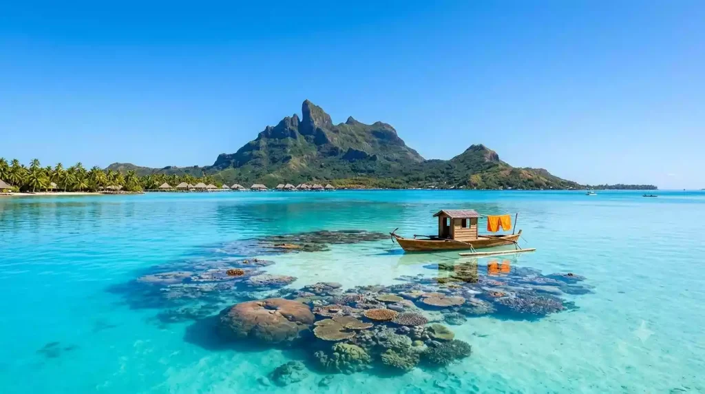 Calm turquoise lagoon in Bora Bora during dry season, ideal for visiting