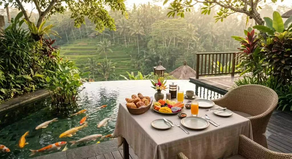 Outdoor breakfast table setting at Kemiri restaurant, Como Uma Ubud