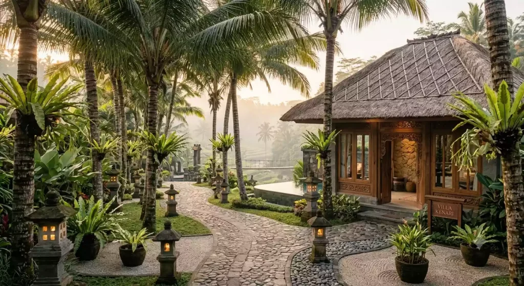 Garden pathway lined with palm trees leading to a villa at Como Uma Ubud