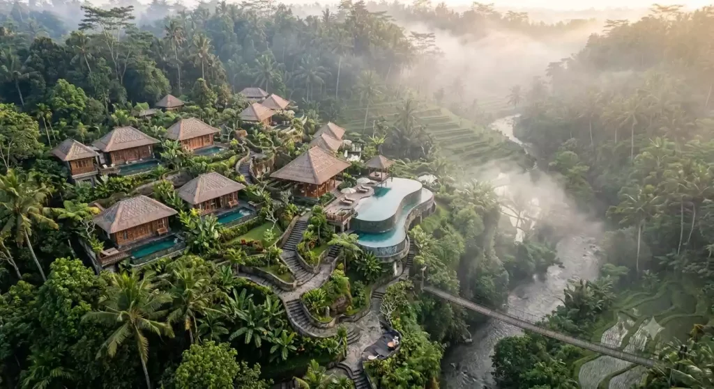 Aerial view of Como Uma Ubud resort location above the river valley near Ubud