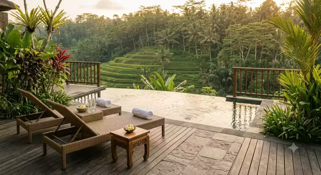 Private plunge pool villa deck at Como Uma Ubud facing the jungle valley