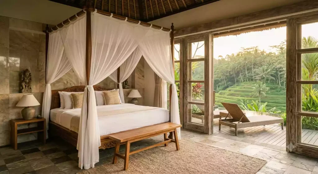 Four-poster bed and private terrace inside a Como Uma Ubud garden room