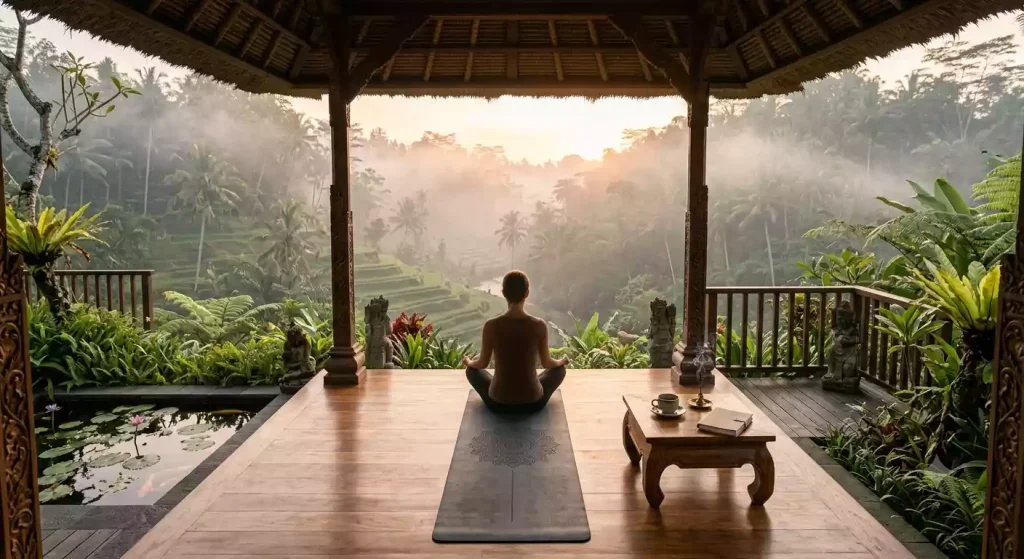 Open-air yoga pavilion overlooking the valley at Como Uma Ubud wellness retreat