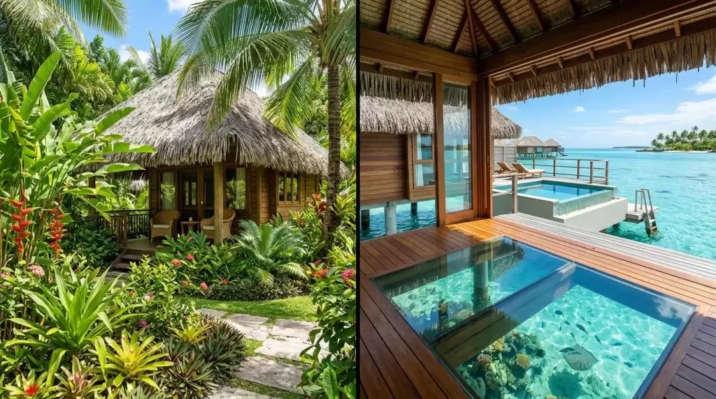 Comparison of garden view and overwater bungalow room types in Bora Bora