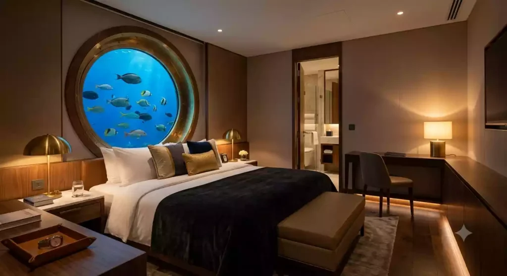 Bedroom interior of the Lovers Deep private submarine hotel