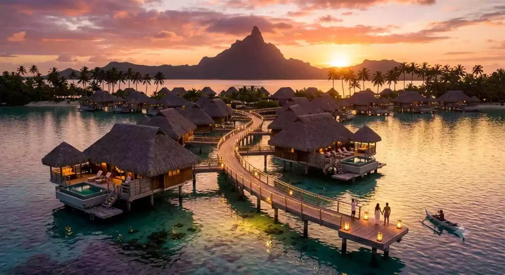 Row of overwater bungalows connected by wooden walkway in Bora Bora at sunset