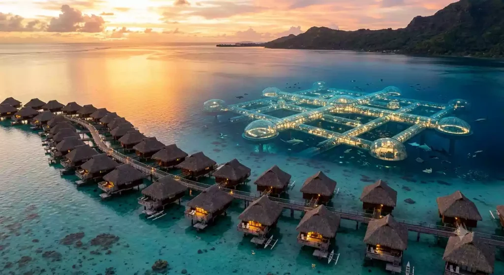 Comparison of overwater bungalow and underwater hotel structure in a tropical lagoon