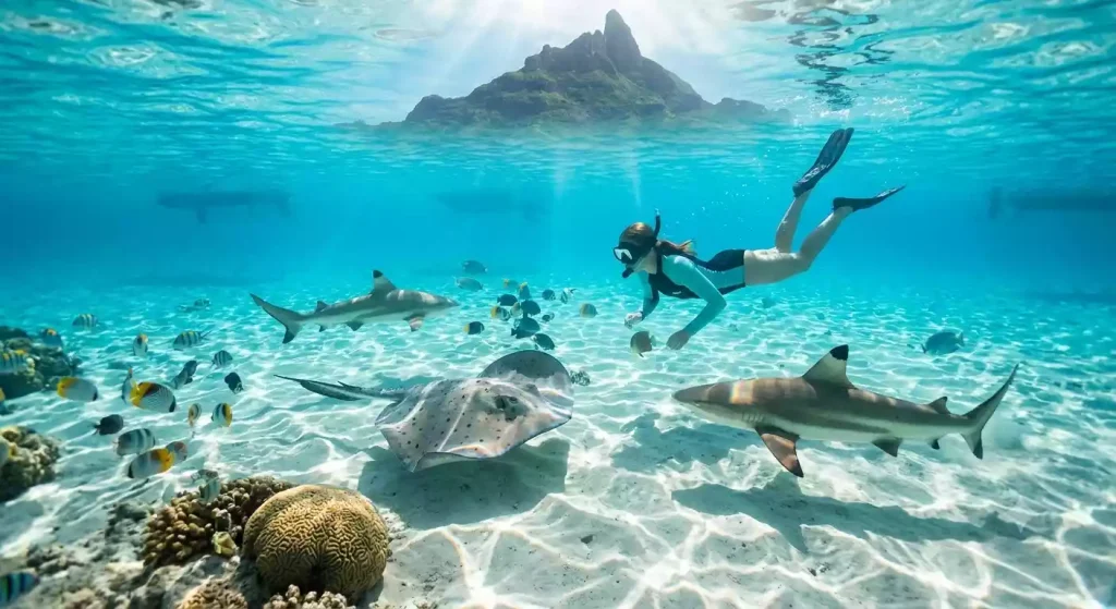 Snorkeler swimming with stingrays and reef sharks in Bora Bora's lagoon