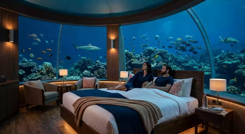 Bedroom inside an underwater hotel with acrylic walls showing coral reef