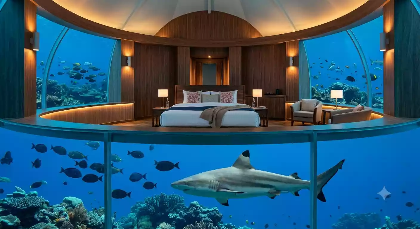 Luxury underwater hotel bedroom with reef shark visible through glass wall
