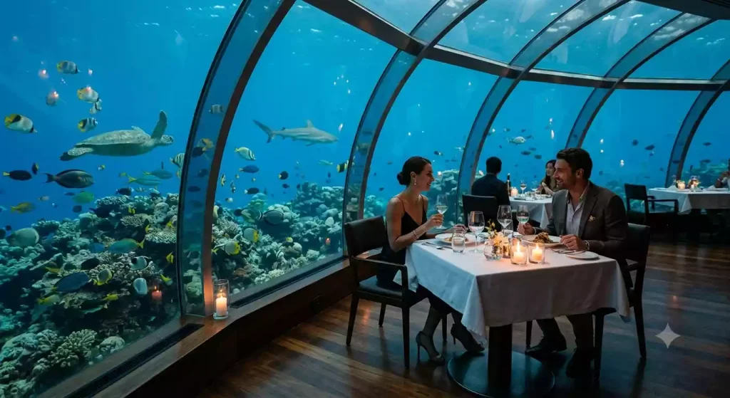 Underwater dining restaurant at a Maldives resort surrounded by reef